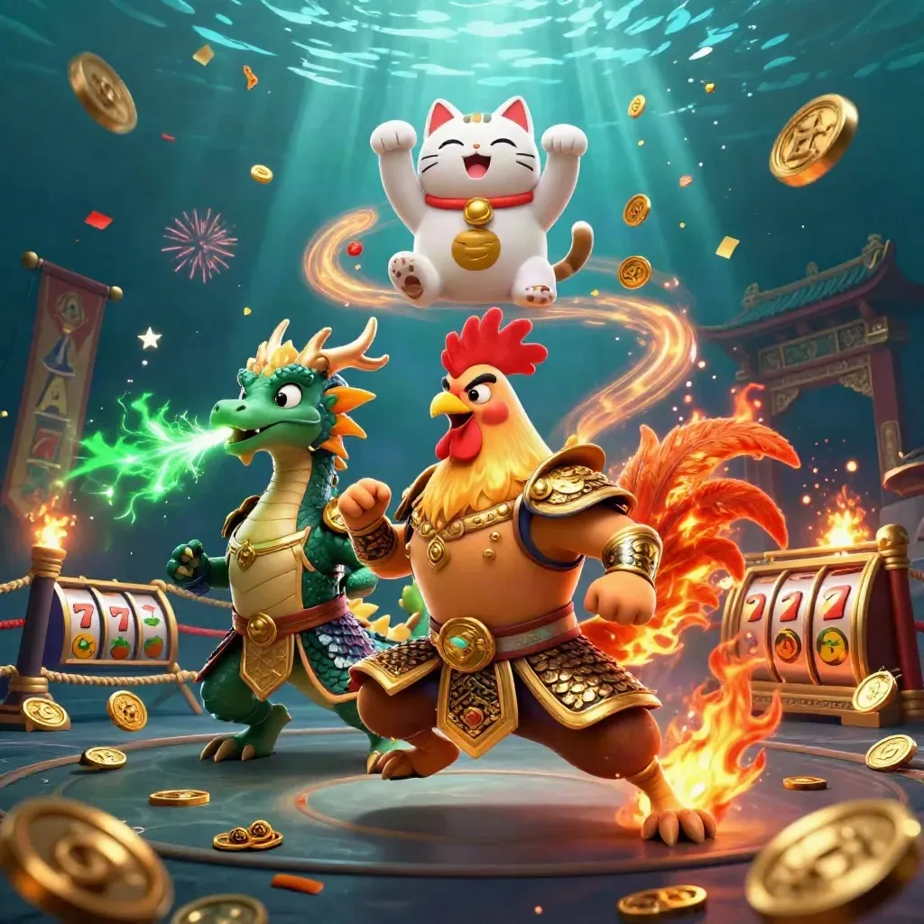 Rooster samurai, dragon hatchling and fortune cat amid coins, temple gate, sparks and emerald glow.