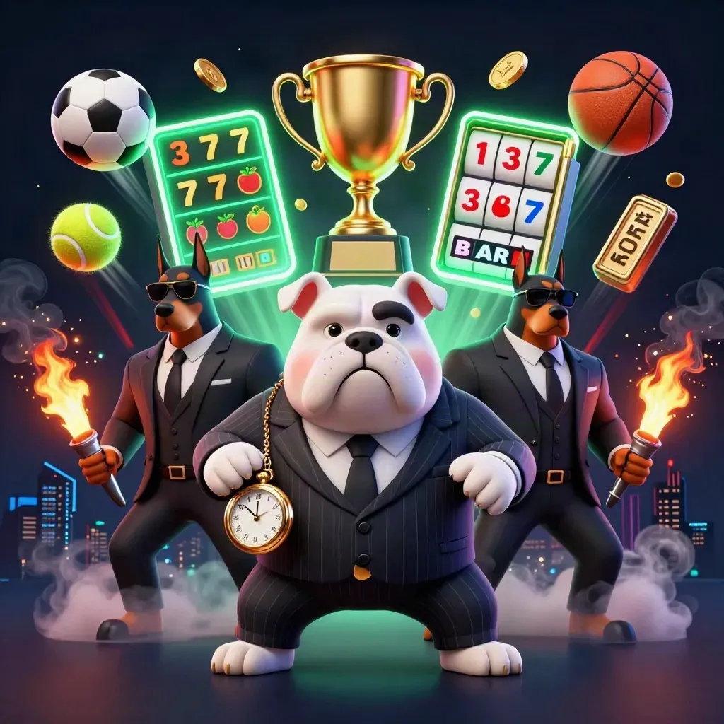 Mafia-boss bulldog and two Dobermans burst through casino sports chaos in emerald neon.