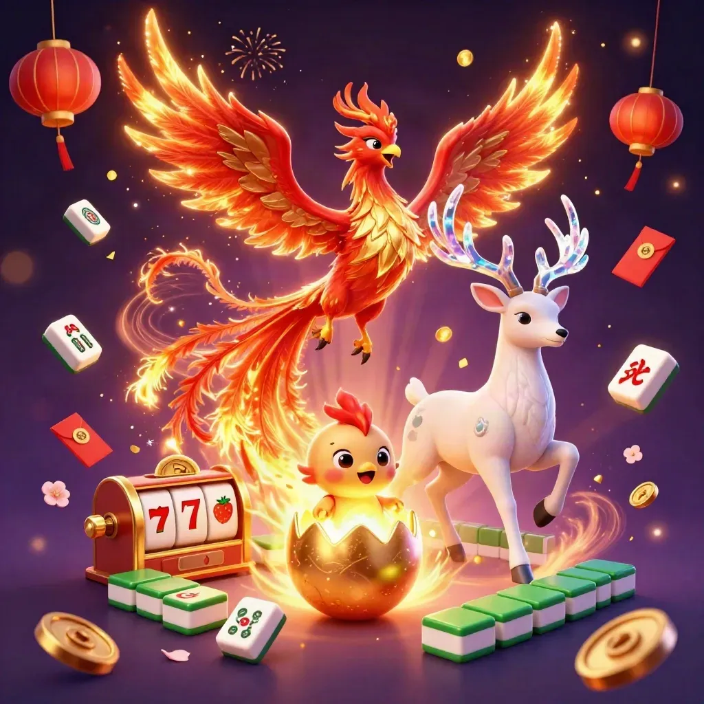 Fire phoenix, hatchling, and crystal stag amid treasure, lanterns, coins, and emerald glow