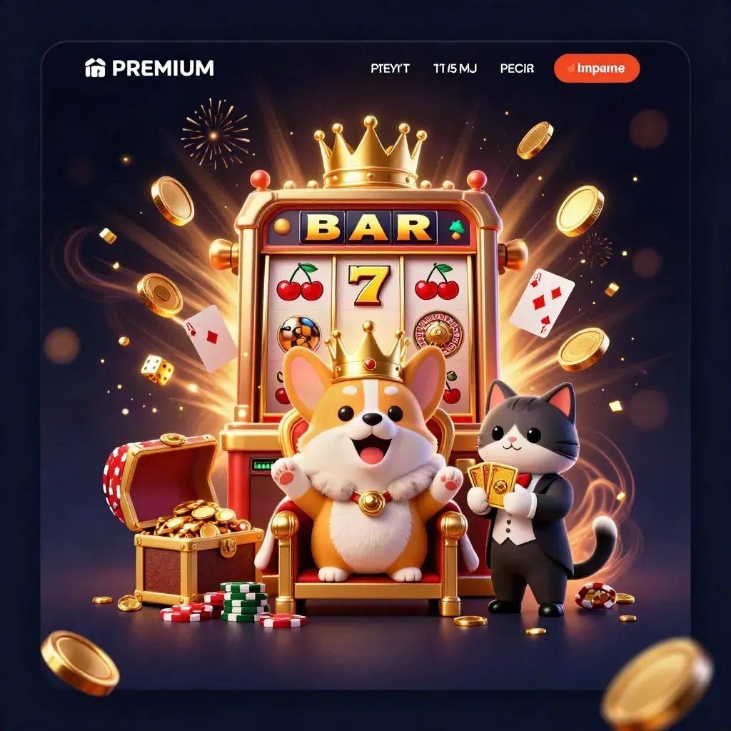 Royal corgi and cat butler amid exploding jackpot symbols, gold coins, and fireworks