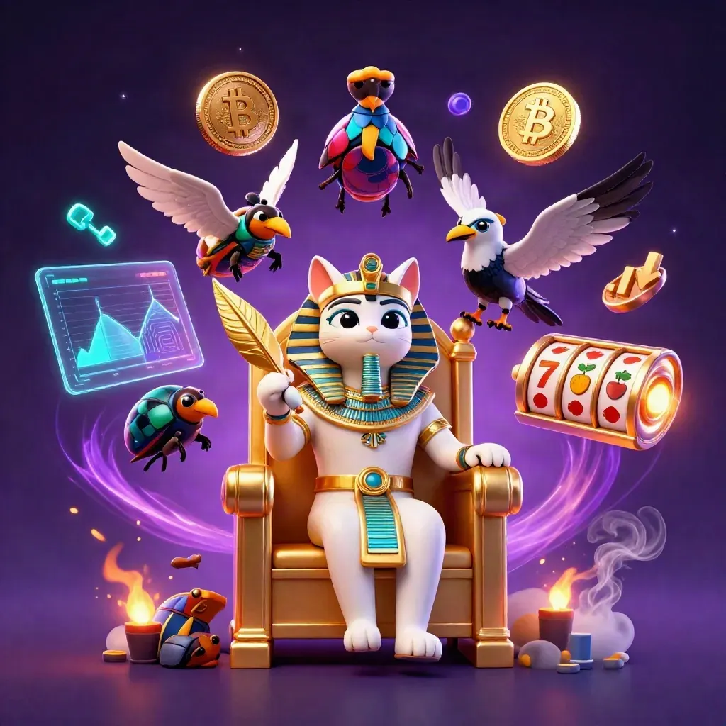 Pharaoh cat, ibis scribe, and scarabs amid neon coins, reels, and emerald casino energy.
