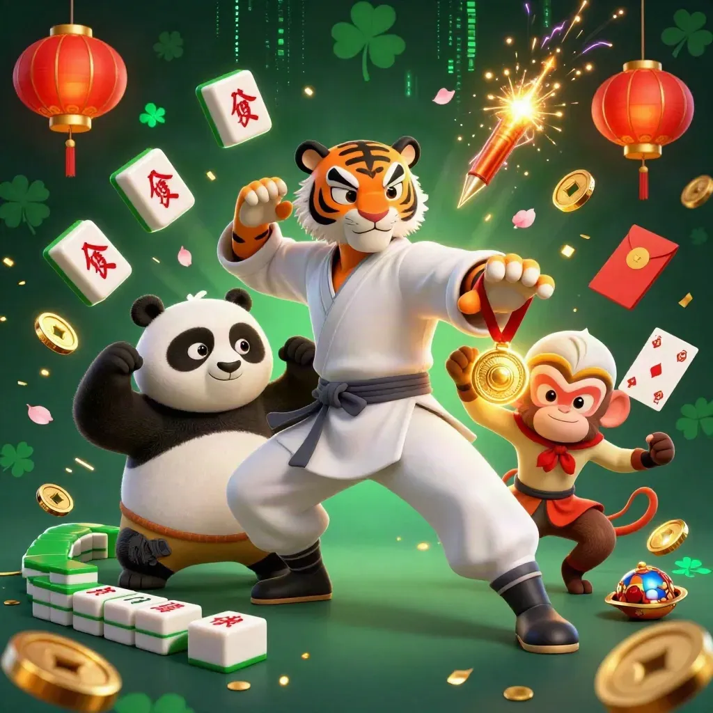 Kung-fu tiger, panda and monkey with casino medals, coins and neon effects on dark emerald background