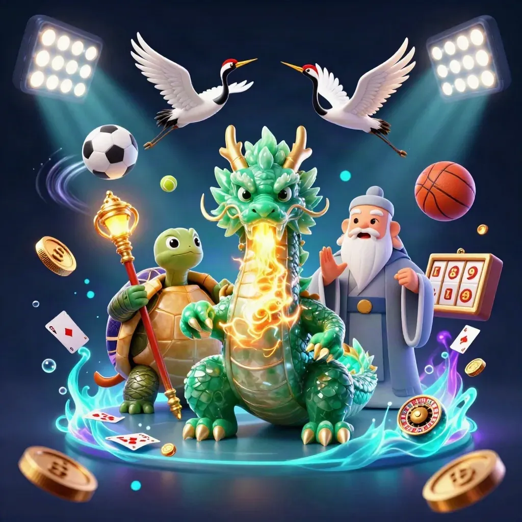 Emerald dragon, turtle sage and cranes amid casino symbols, gold, neon light and sports balls