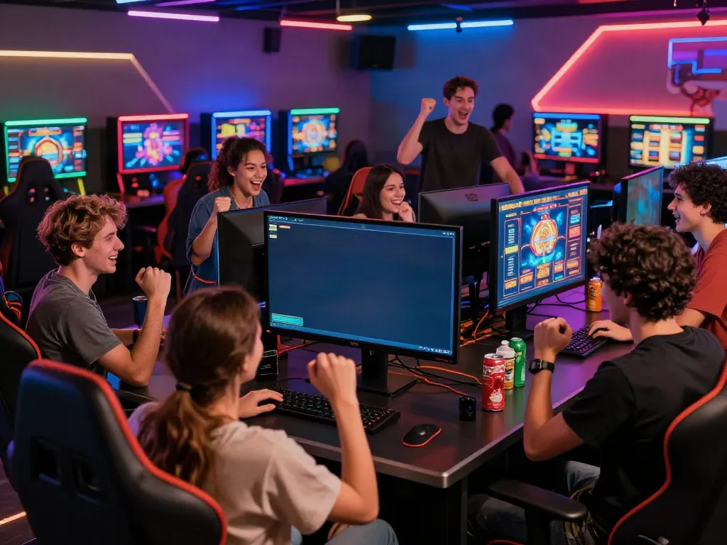 Exciting scene of friends enjoying uk casinos not on gamstop in a vibrant gaming lounge.