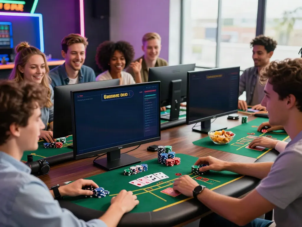 Friends enjoying online gaming at UK casinos not on GamStop, featuring vibrant LED lights and gaming props.