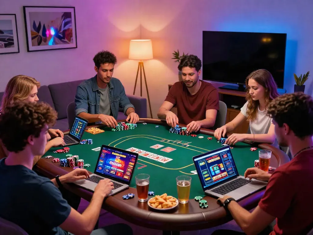 Friends enjoying online gaming at UK casinos not on GamStop in a cozy living room.