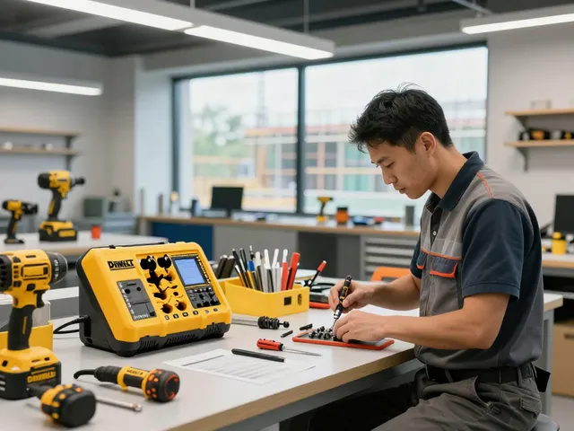 Technician using DEWALT 4 port charger in a professional workshop setting