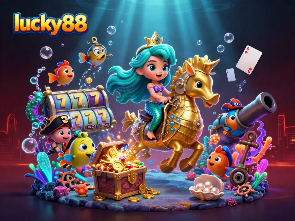 Spin the reels with lucky88 as a mermaid princess rides a golden seahorse in a vibrant underwater scene.