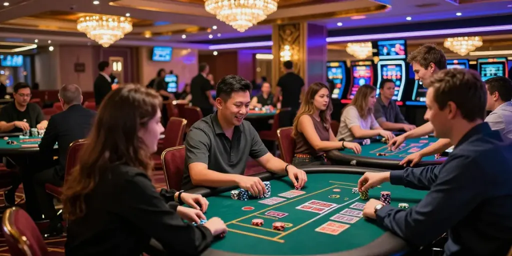 Exciting gaming atmosphere at UK casinos not on GamStop, showcasing diverse players and vibrant decor.