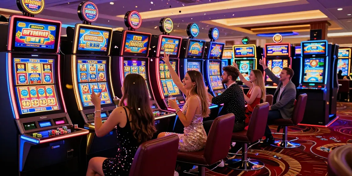 Friends celebrating a win at UK casinos not on GamStop with vibrant lights and festive atmosphere.