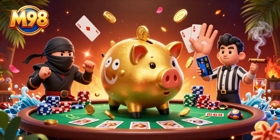 M98 engages in thrilling casino action with a golden piggy bank sumo wrestler, wallet ninja, and credit card samurai.