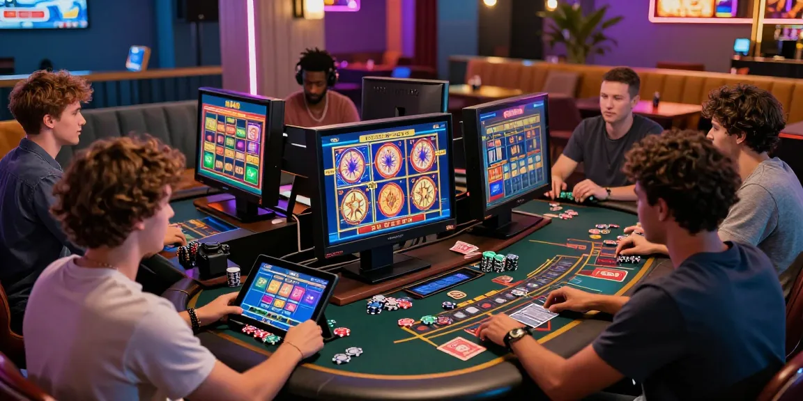 Players enjoying thrilling games at UK casinos not on GamStop, surrounded by vibrant digital displays and neon lights.
