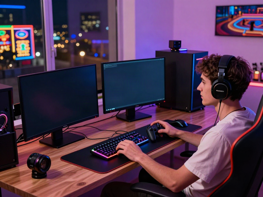 Online gaming setup showcasing uk casinos not on gamstop with vibrant screens and a focused player.
