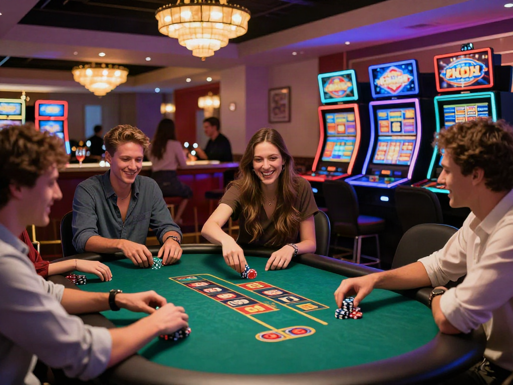 Friends enjoying the excitement at UK casinos not on GamStop, celebrating wins and camaraderie.