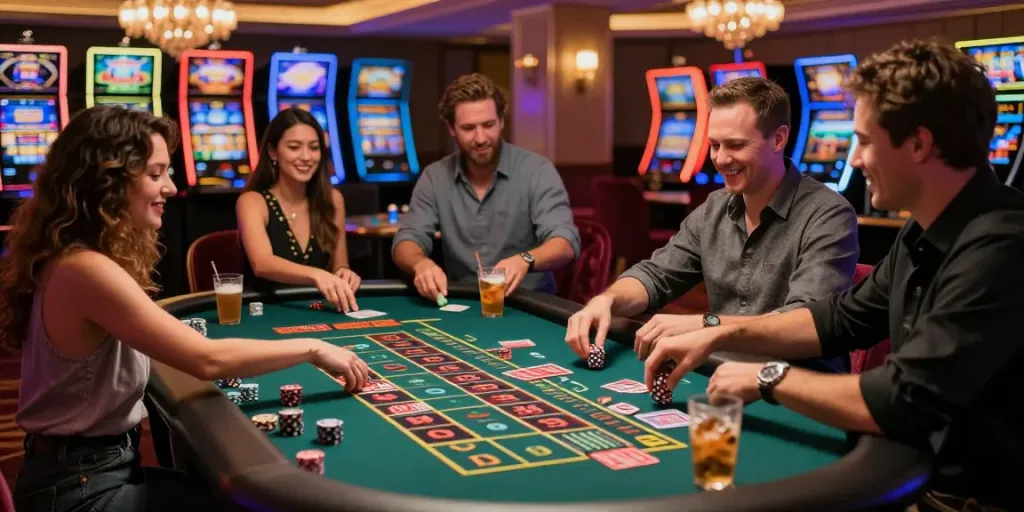 Exciting gaming scene in UK casinos not on GamStop with diverse players at roulette table.