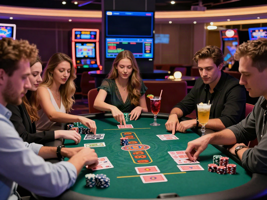 Exciting gaming table experience at uk casinos not on gamstop with friends celebrating their wins.
