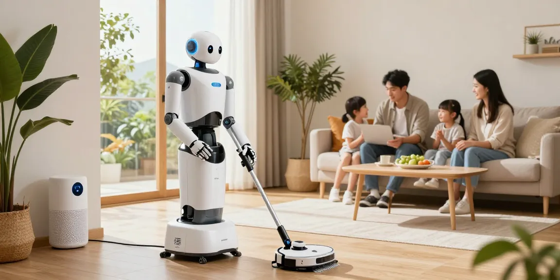 Home robot 2026 cleaning and organizing in a modern living room, showcasing seamless technology integration.