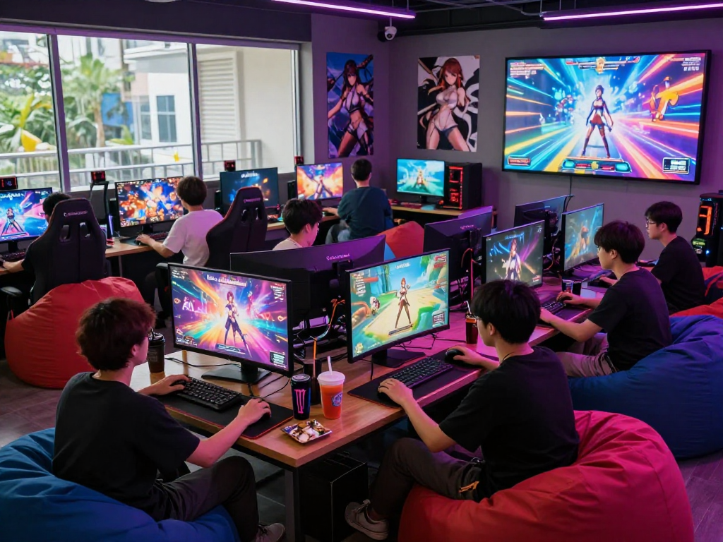 Players enjoying immersive hentai games, showcasing vibrant gaming lounge atmosphere.