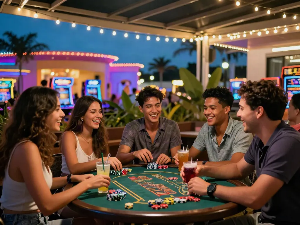 A lively gathering at uk casinos not on gamstop, friends enjoying games and drinks under string lights