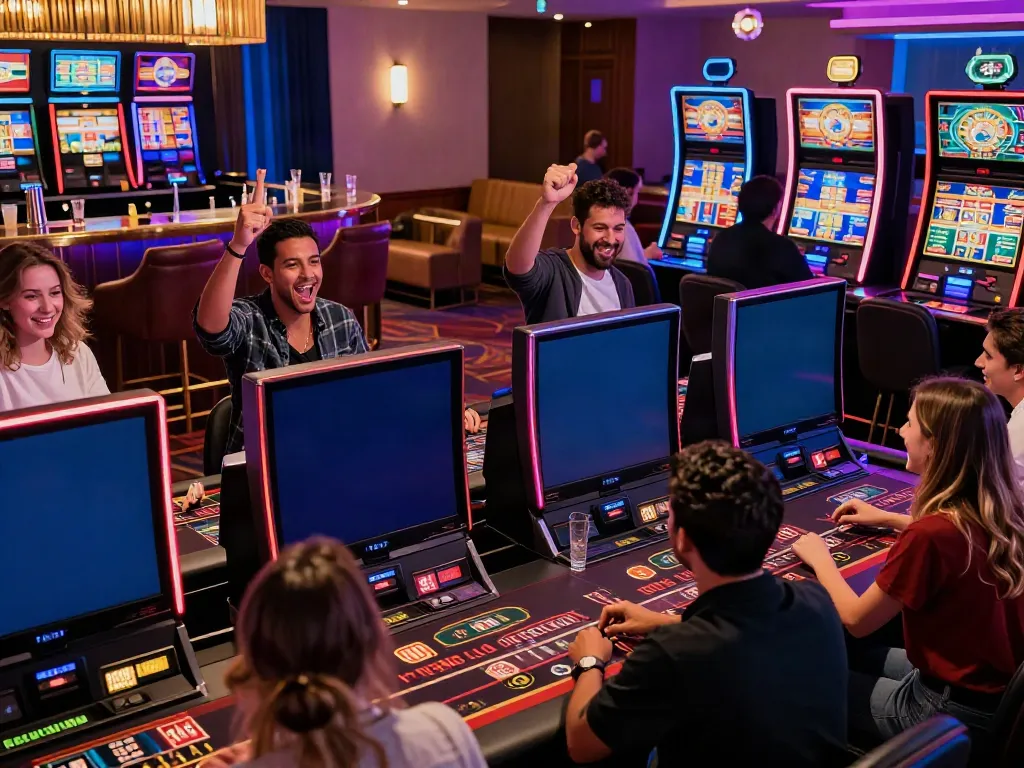 Players enjoying their time at uk casinos not on gamstop, celebrating wins at vibrant gaming stations and tables.
