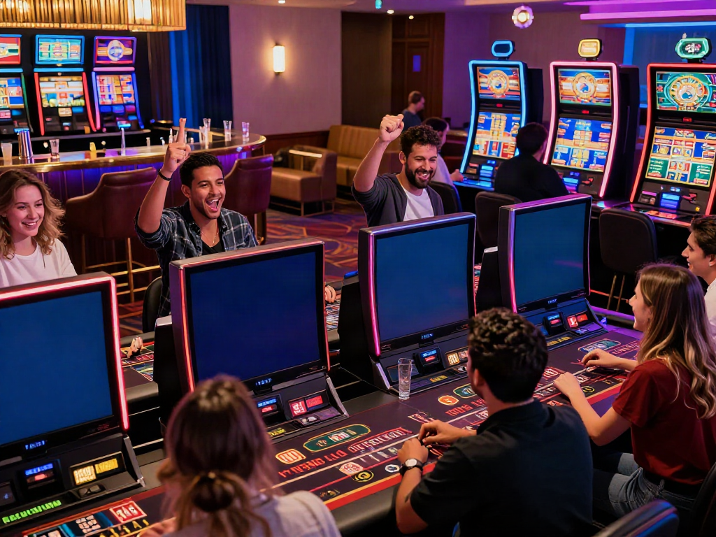 Players enjoying their time at uk casinos not on gamstop, celebrating wins at vibrant gaming stations and tables.