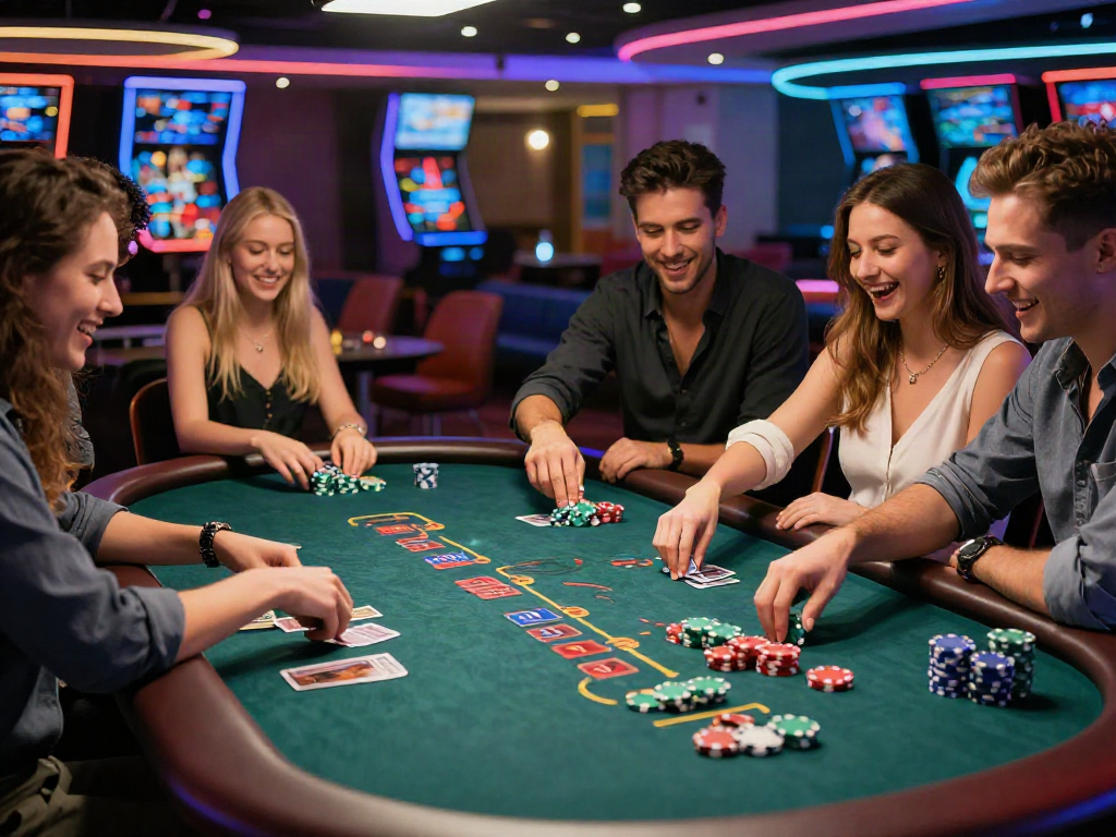 Exciting gaming scene at uk casinos not on gamstop with friends enjoying blackjack.