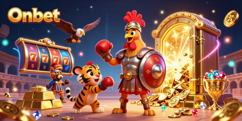 Onbet brings winning strategies to the table with an engaging casino showdown featuring a gladiator rooster.