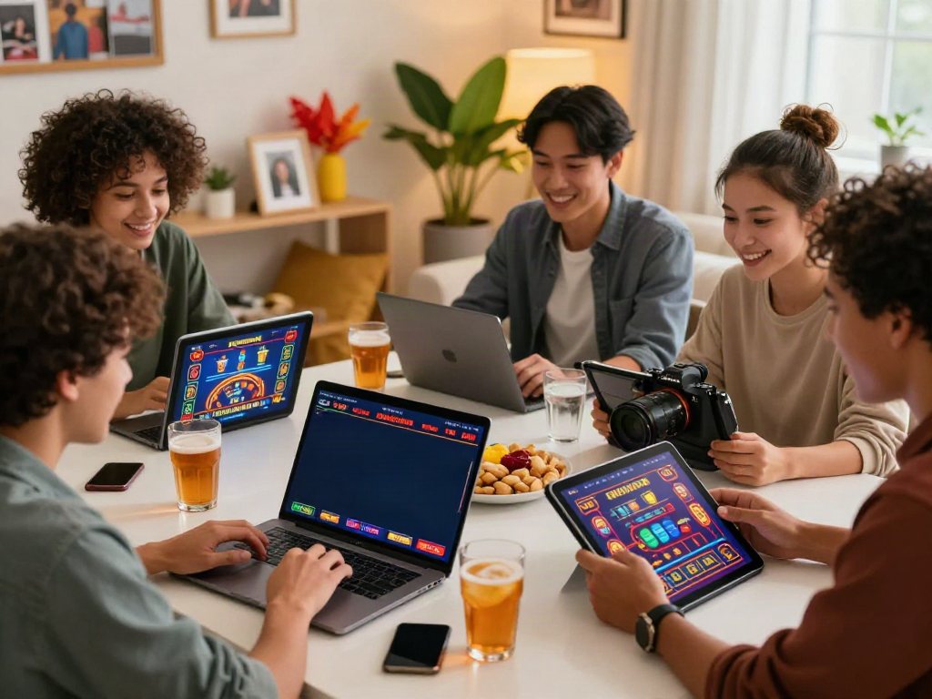 Friends excitedly exploring UK casinos not on GamStop in a cozy living room.