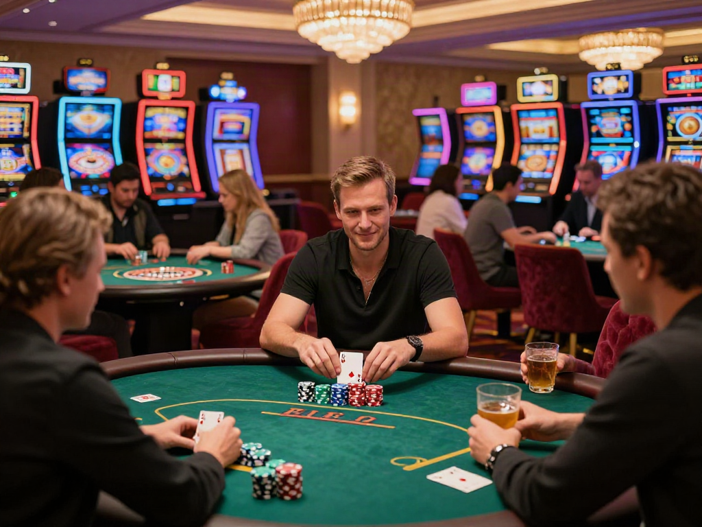Exciting scene of players at UK casinos not on GamStop, showcasing poker and roulette tables in a vibrant casino atmosphere.