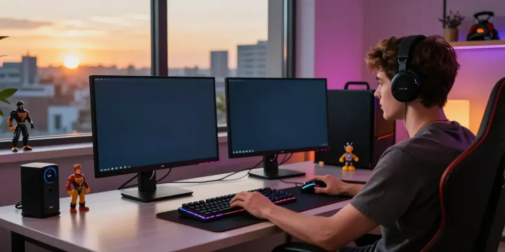 Exciting online gaming setup at home showcasing UK casinos not on GamStop details, vibrant ambient lighting.
