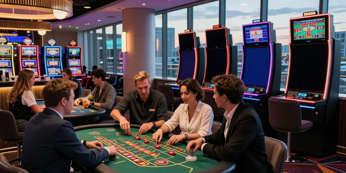 Players enjoying games at vibrant uk casinos not on gamstop with urban skyline in background.