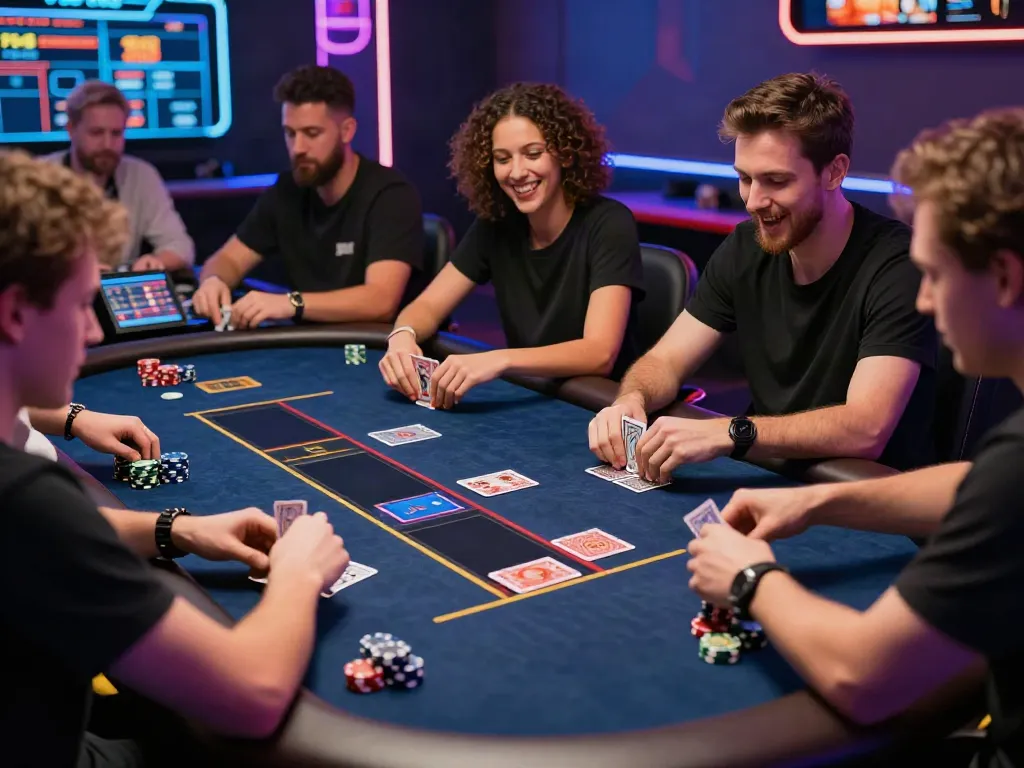Exciting scene at uk casinos not on gamstop with diverse players celebrating wins and engaging in vibrant table games.