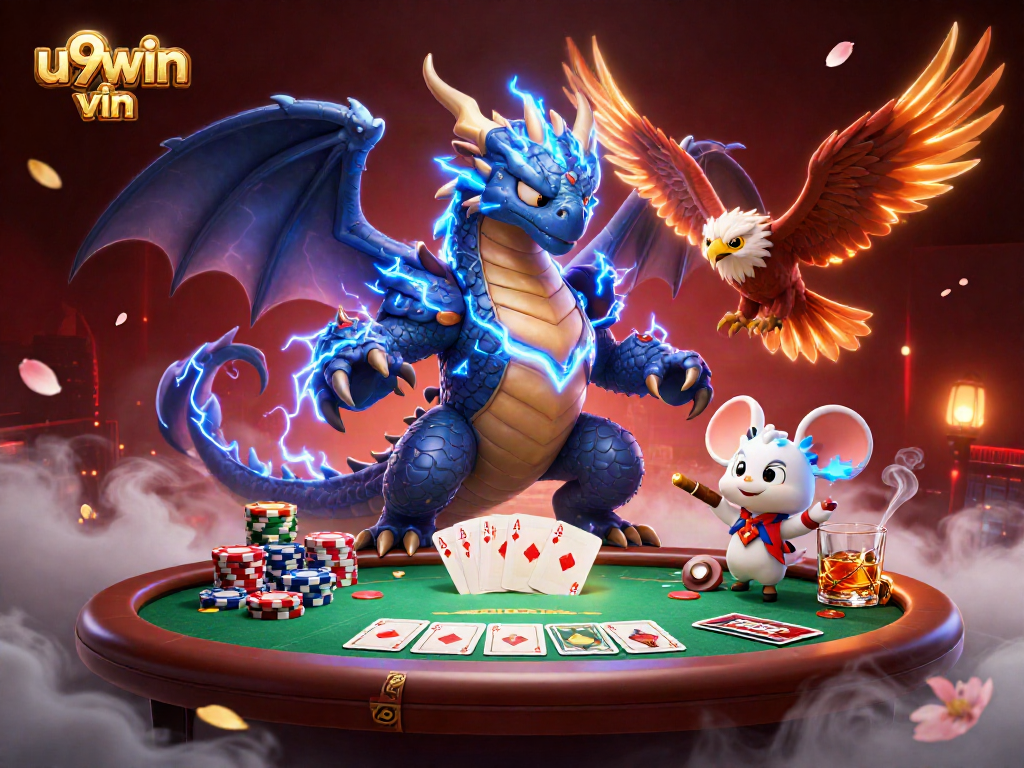 Play poker with u9win vin's electrifying dragon and hawk amidst vibrant casino elements.