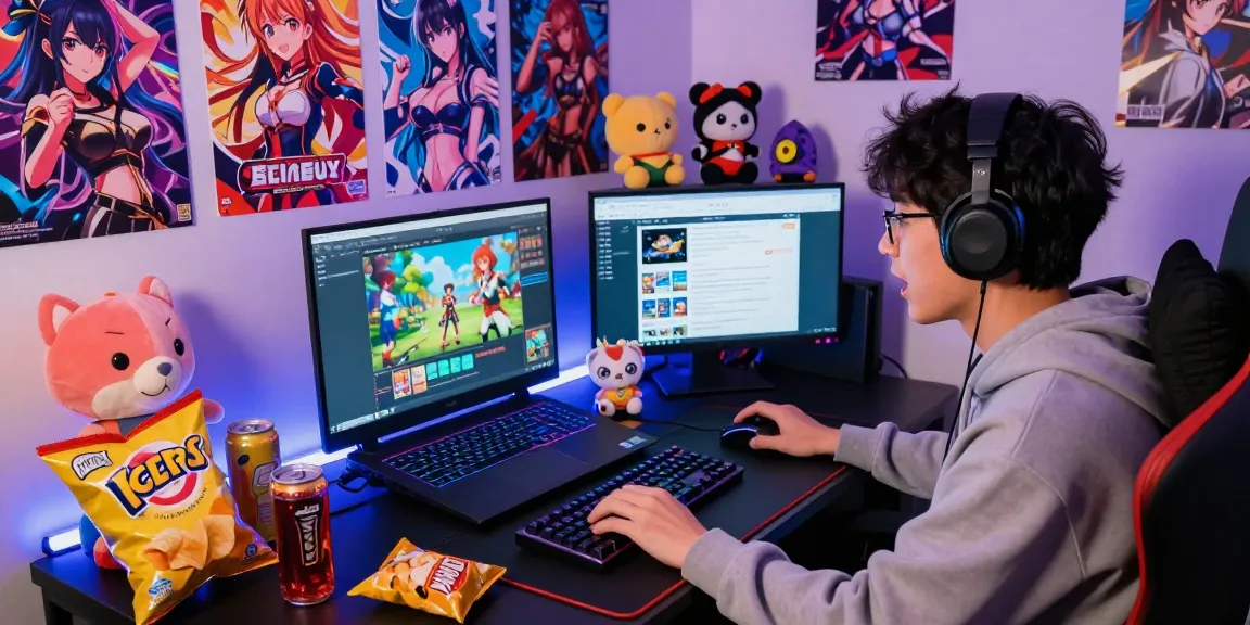 Player enjoying ecchi games on a gaming laptop in a vibrant gaming nook, surrounded by themed decor and immersive lighting.