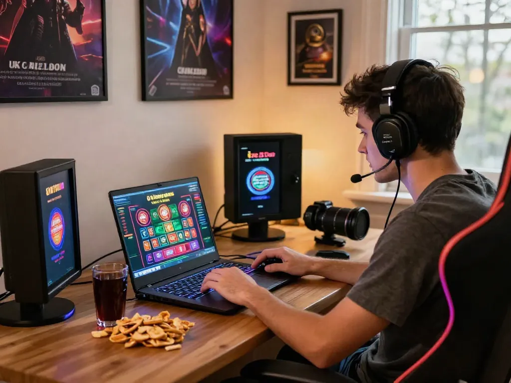 Engaging scene of a player enjoying UK casinos not on GamStop in a cozy home environment.