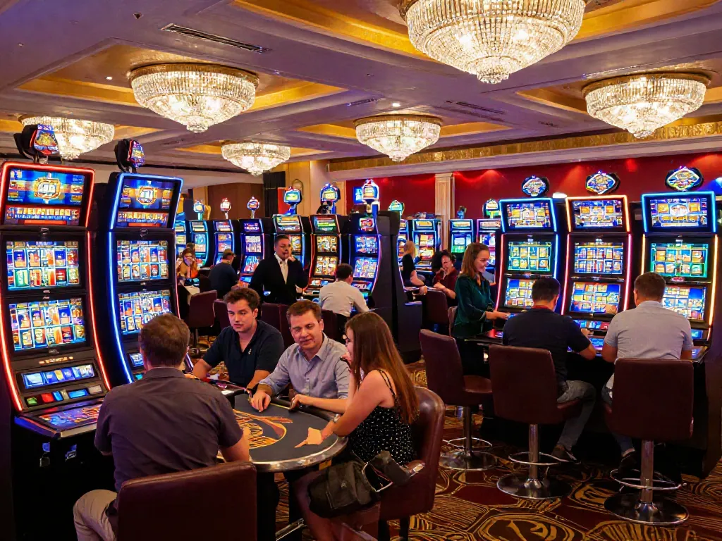 Players enjoying their time at UK casinos not on GamStop, vibrant atmosphere with lively interactions.