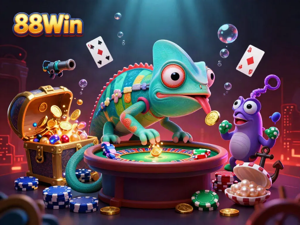 Experience thrilling action at 88Win with a vibrant casino scene featuring a chameleon owner and colorful game elements.
