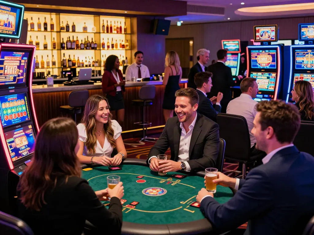 Exciting scene of players in stylish attire at vibrant uk casinos not on gamstop with neon lights and gaming activities.