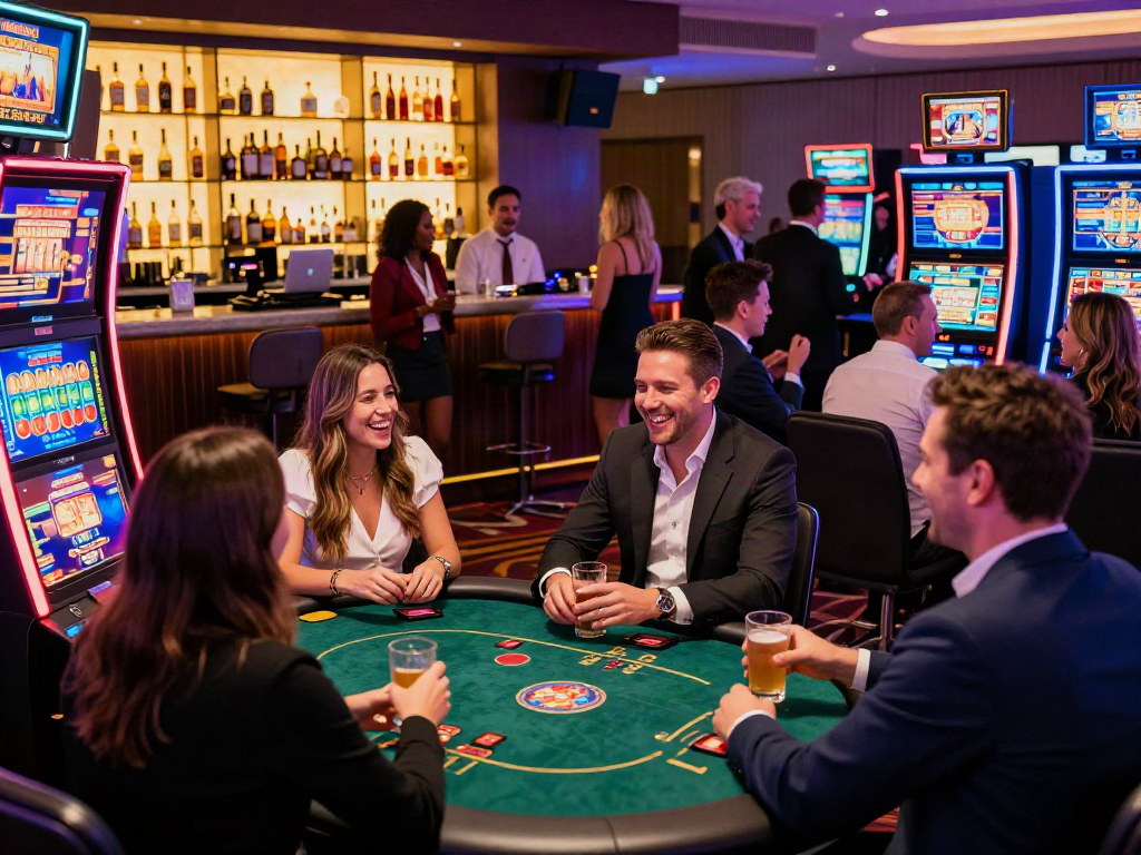 Exciting scene of players in stylish attire at vibrant uk casinos not on gamstop with neon lights and gaming activities.