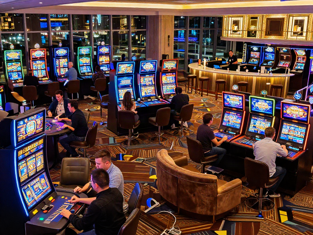 Engaging scene of players enjoying games at uk casinos not on gamstop, vibrant ambiance with colorful lights.