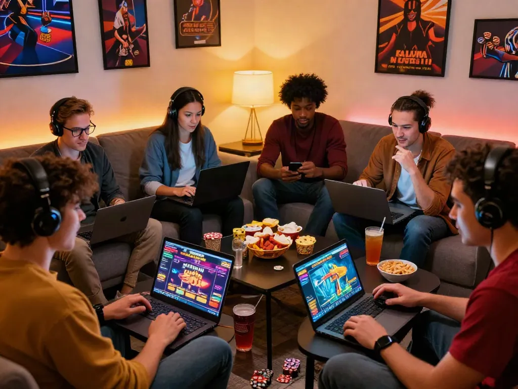 Friends enjoying games at uk casinos not on gamstop in a cozy living room.