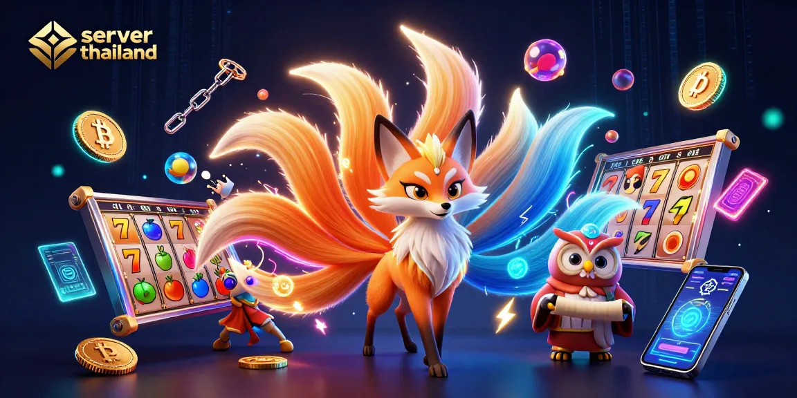 Win big with server thailand: a vibrant 3D illustration showcasing slots, glowing coins, and magical characters.