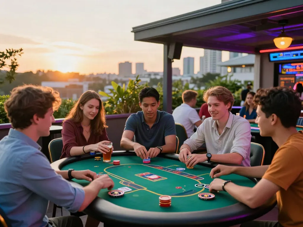 Friends enjoying games at vibrant uk casinos not on gamstop outdoor terrace.