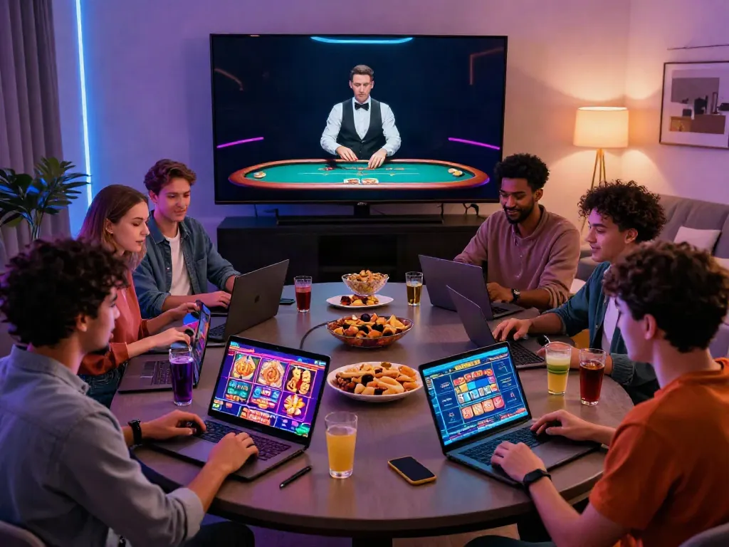 Friends enjoying gameplay at UK casinos not on GamStop in a lively living room.