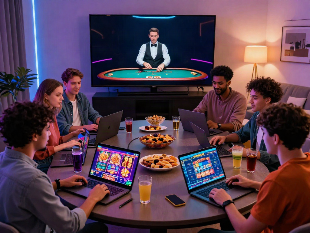 Friends enjoying gameplay at UK casinos not on GamStop in a lively living room.