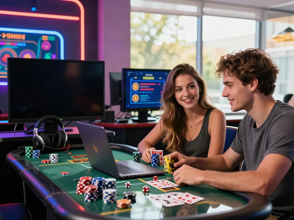 Engaging illustration of online casino excitement with players exploring options at uk casinos not on gamstop amidst vibrant gaming accessories.