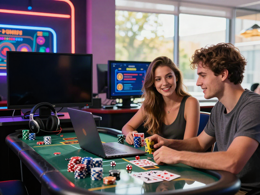 Engaging illustration of online casino excitement with players exploring options at uk casinos not on gamstop amidst vibrant gaming accessories.
