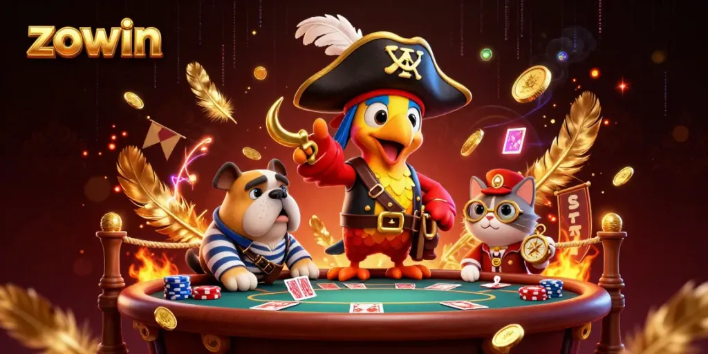 Zowin casino scene featuring a pirate captain and dog gambler at a poker table.