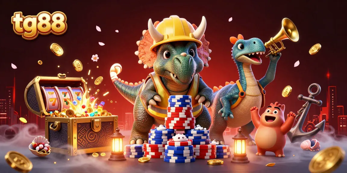 Join the excitement at tg88 as a triceratops builds a winning poker chip pyramid in celebration!