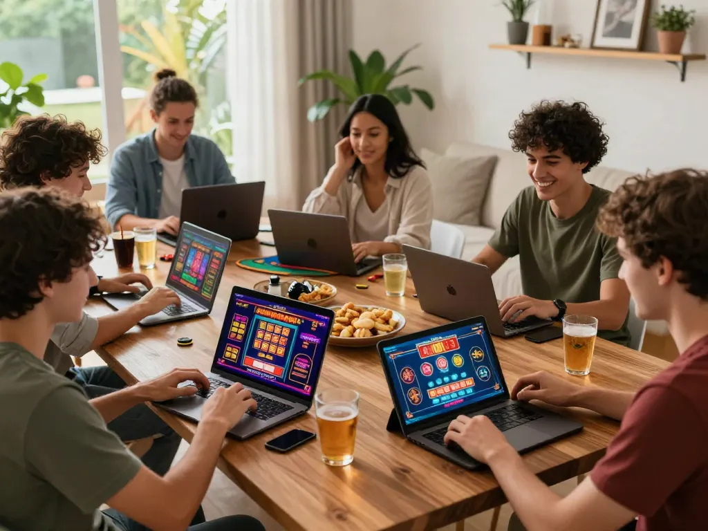 Players enjoying uk casinos not on gamstop in a lively home gaming environment with vibrant decor.
